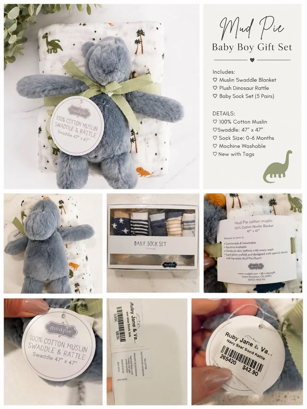 Mud Pie Gray and White Cotton Muslin Swaddle & Rattle